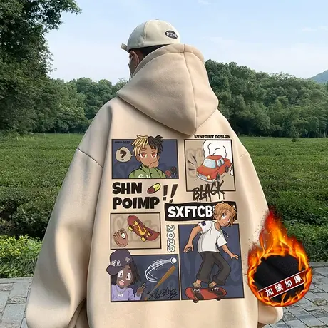 hiphop连帽卫衣男秋冬季潮牌加绒加厚保暖外套美式高街卡通上衣服商品大图