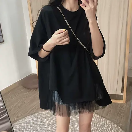 韩版女装2023新款短袖t恤女徽胖mm大码宽松百搭黑色网纱上衣200斤图片