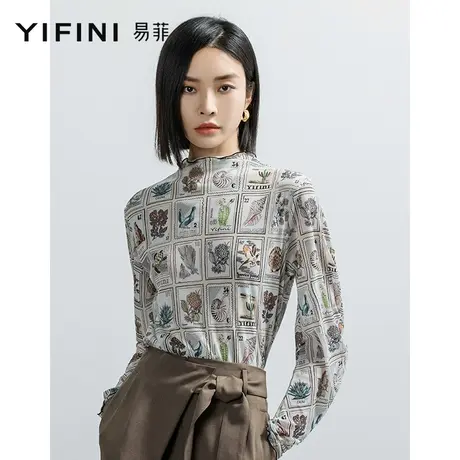 Yifini/易菲印花圆领荷叶边长袖T恤弹力打底衫上衣2023春秋新款商品大图