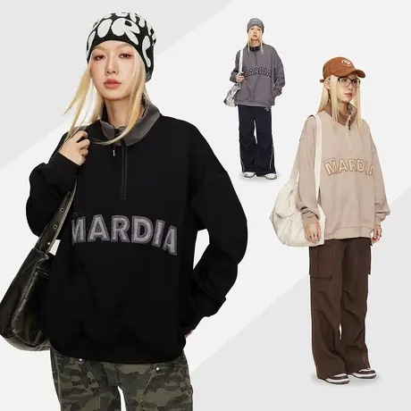 美式字母半高领卫衣女宽松oversize外套春秋2023新款潮牌复古上衣商品大图