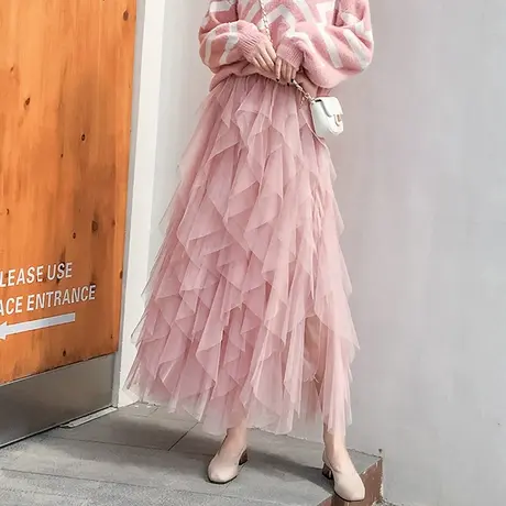 新款春秋显瘦不规则拼接仙女蓬蓬裙中长款网纱半身裙a字8906f图片