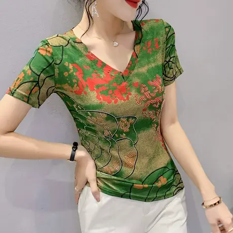复古印花女装时尚洋气性感V领上衣设计感小众网纱T恤2023漂亮小衫商品大图