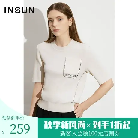 [凉感冰丝]恩裳COVER2023夏新款宽松套头罗纹设计撞色线迹针织衫商品大图