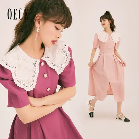 Oece复古花瓣领连衣裙2023春夏新款女装气质收腰高级感裙子中长款图片