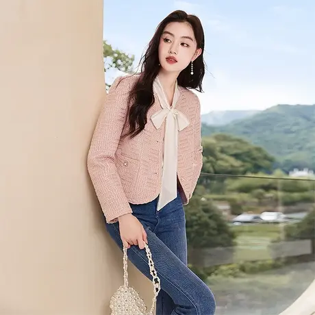 【直播间】香影小香风外套女2023秋季新款粗花呢粉色高级感名媛商品大图