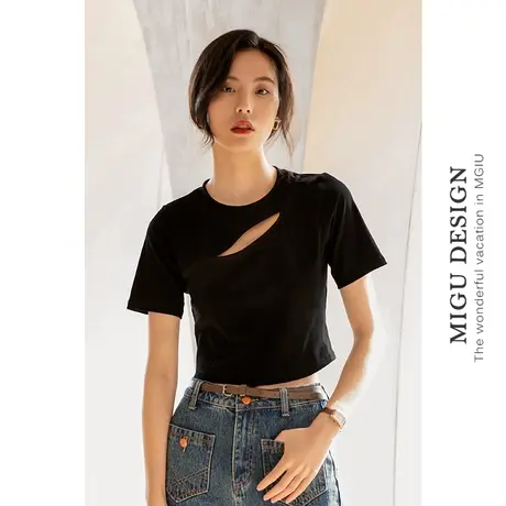 弥古法式设计感挖空短款上衣女夏黑色修身正肩短袖t恤针织棉短t商品大图