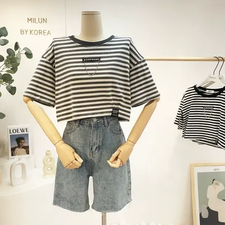 短款高腰上衣2021夏季款韩国东大门小个子短袖T恤条纹显瘦显腿长商品大图