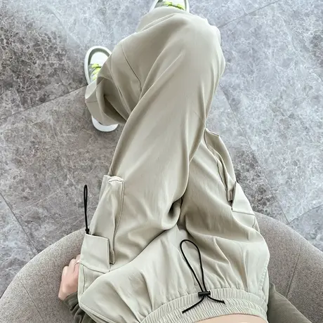 美式工装裤女夏季薄款抽绳高腰阔腿直筒休闲宽松冰丝速干运动裤子图片