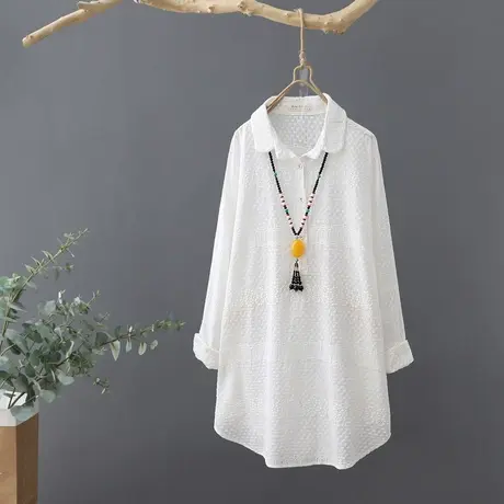 秋装新款中长款文艺刺绣全棉套头白衬衫女宽松长袖打底衫衬衣女装图片