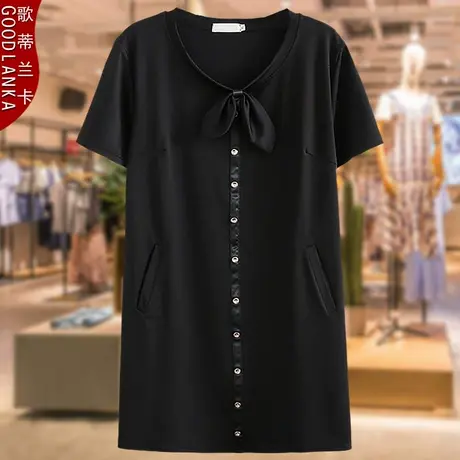 中年妈妈新款连衣裙夏季加肥加大码女装宽松中长款蝴蝶结气质上衣商品大图