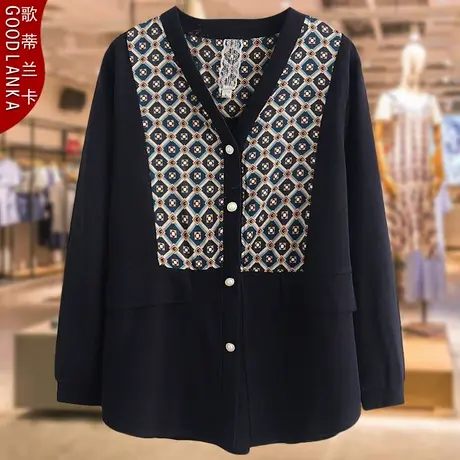 大码中老年女春秋小衫上衣新款中年妈妈洋气百搭V领拼接长袖衬衫商品大图