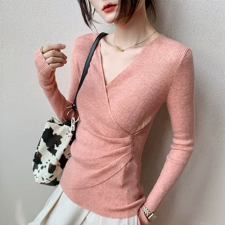 羊毛打底衫女V领2023春季减龄漂亮洋气小衫内搭法式独特别致上衣商品大图