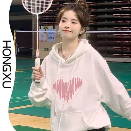 红续2023秋冬新款日系甜美白色连帽印花卫衣加绒加厚百搭显瘦上衣商品大图