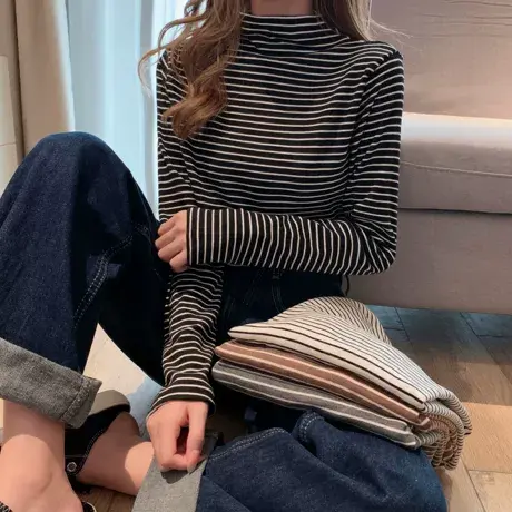 2023秋冬季打底衫内搭半高领T恤长袖女装条纹白色百搭ins修身上衣商品大图