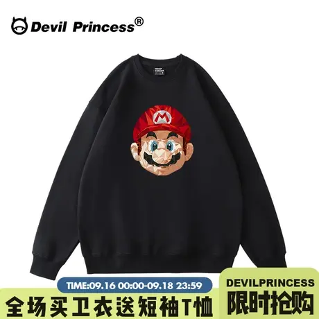 oversize街头嘻哈风卡通潮牌黑色无帽卫衣女宽松大版春秋薄款上衣商品大图