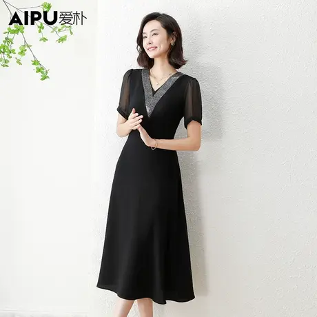 爱朴2023新款大码女装设计感亮片高腰连衣裙简约胖mm纺织裙子夏季图片