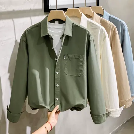 春秋季纯色衬衫男长袖港风日系宽松内搭纯棉男衬衣休闲寸衫外套潮商品大图