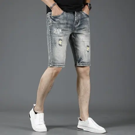 美式复古色牛仔短裤男破洞怀旧夏季薄款修身弹力男士中裤五分裤潮商品大图