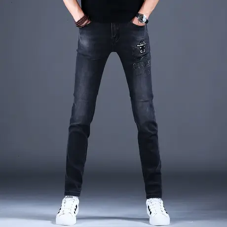 2023新款春秋牛仔裤男黑色时尚烫钻花修身裤棉弹百搭男潮牌小脚裤商品大图
