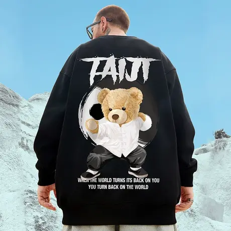 国潮oversize小熊圆领卫衣男潮牌ins大码男装秋冬季情侣加绒外套商品大图