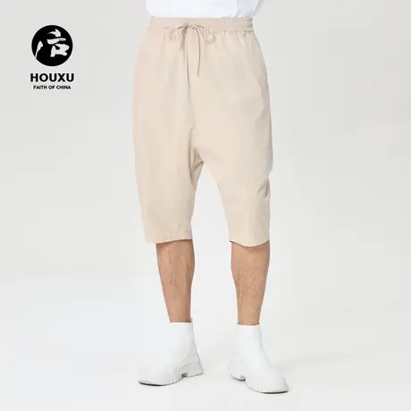 后序亚麻短裤男七分裤夏季原创宽松抽绳卡其色裤子男中国风男裤商品大图