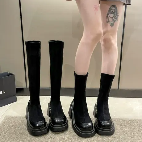 短筒弹力靴女2023年夏天新款时尚百搭法式洋气厚底英伦风瘦瘦靴潮商品大图