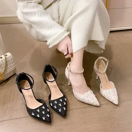 2023春夏新款格纹一字带扣高跟鞋尖头细跟包头单鞋包跟凉鞋女潮图片