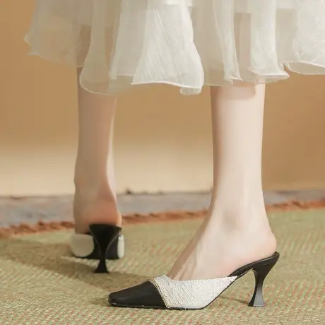 气质名媛拼色半拖鞋2023年春夏季新款小香风方头单鞋女细跟凉拖鞋商品大图