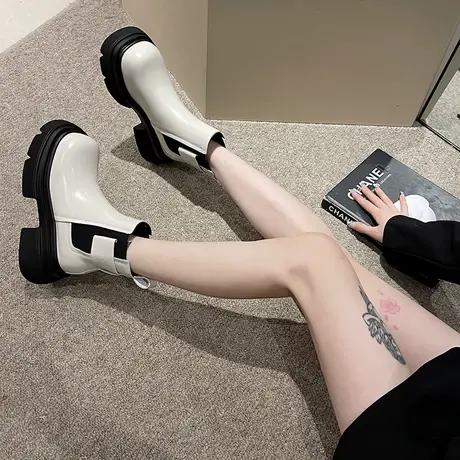 切尔西靴女烟筒靴2023秋季新款复古厚底显瘦显腿长套筒短靴弹力靴图片