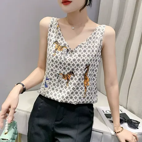 性感V领气质小吊带女设计感小众印花上衣外穿修身内搭打底背心ins商品大图