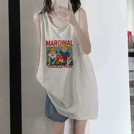 美式纯棉吊带坎肩背心无袖t恤女夏季设计感小众外穿宽松挂脖上衣图片