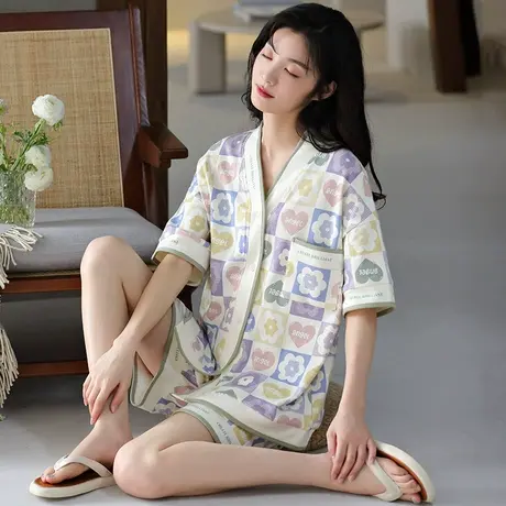 婷美新款睡衣女士夏季纯棉短袖短裤开衫V领ins风高颜值家居服套装商品大图