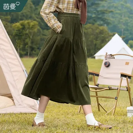 茵曼旗舰店法式复古全棉灯芯绒半身裙女2023秋冬新款松紧腰中长裙图片