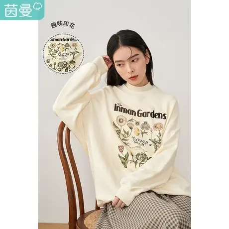 【商场同款】茵曼套头女2023年春季新款宽松圆领印花百搭全棉卫衣图片