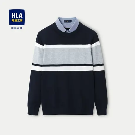 HLA/海澜之家双领针织衫男23秋新款假两件套头修身撞色镶拼毛衣男图片