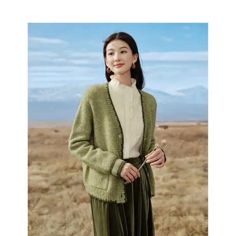 茵曼加厚冰岛毛衣2023冬季女装新款花式纱V领长袖宽松针织开衫图片