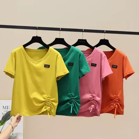 2023年夏季新款欧洲站t恤女短袖遮肚显瘦大码女装V领体恤抽绳上衣商品大图