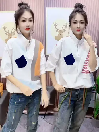 爆款欧货立领套头衬衫女2023春夏拼接半袖设计感减龄百搭抽绳衬衣商品大图