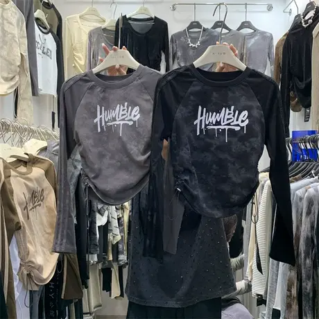 美式字母印花双侧抽褶短款插肩袖T恤女2023秋韩版时髦修身百搭t潮商品大图