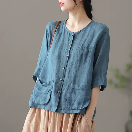 dza 复古白色薄款亚麻上衣女士短袖衬衫夏季新款开衫气质棉麻衬衣图片