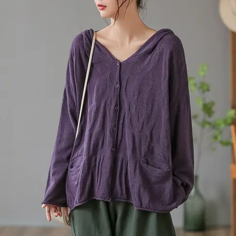 dza复古休闲连帽毛衣外套女春秋新款宽松V领针织开衫显瘦长袖上衣图片