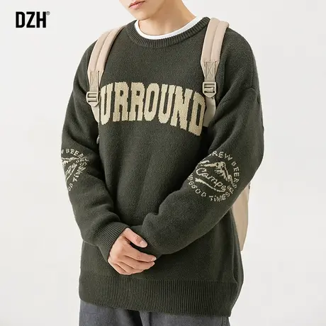 青少年绿色提花圆领毛衣男冬款潮牌痞帅圆领上衣软糯打底衫针织衫商品大图