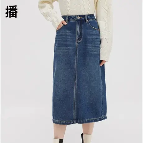 播牛仔半身裙女2023秋冬新款小个子复古高腰直筒开叉裙DDQ4BD5518图片