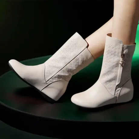 真皮内增高中筒女靴全牛皮一脚蹬马丁靴平底短靴2023年新款靴子女商品大图