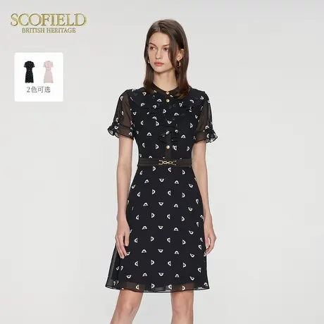 Scofield女装收腰连衣裙优雅印花长裙短袖雪纺裙夏季裙子图片