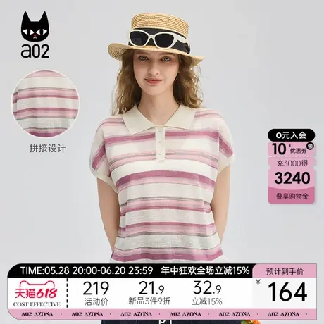 a02短袖polo领针织衫女2025新款夏季薄款条纹半袖上衣设计感夏装商品大图
