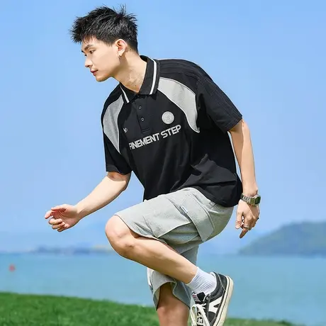 唐狮夏季新款男短袖polo衫撞色翻领上衣学生潮牌运动T恤宽松图片