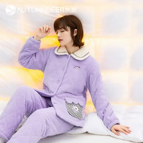 秋鹿珊瑚绒三层加厚夹棉女式睡衣秋冬季可爱花朵家居服女保暖套装商品大图