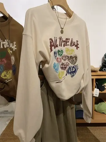 爱了爱了 涂鸦爱心印花长袖卫衣女2023春秋新款韩版宽松套头上衣商品大图