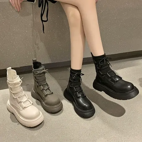 ins小众针织弹力靴女2023秋新款时尚百搭系带松糕厚底防滑瘦瘦靴图片